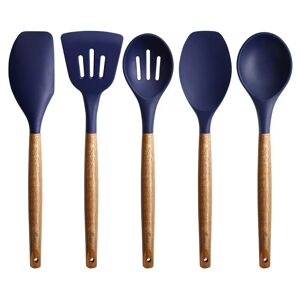 Belfry Kitchen Non-Stick Cooking Utensils, Silicone Kitchen Utensils Set With Natural Acacia Hard Wood Handle, 5 Piece, Black, BPA Free, Baking & Serving Wooden Cook blue