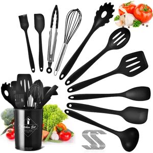 Belfry Kitchen Silicone Utensil Set Kitchen Utensils - 11Pcs Cooking Utensils Set With Holder Kitchenware Turner Spatula Cooking Tong Spoon Non-Stick Heat Resistant black