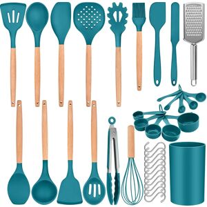 Belfry Kitchen 36Pcs Silicone Kitchen Utensil Set, Wooden Handle Cooking Utensils Spatula Set With Holder, Heat Resistant Kitchen Tools Safe For Non-Stick Cookware, blue