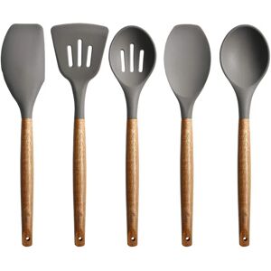 Belfry Kitchen Non-Stick Cooking Utensils, Silicone Kitchen Utensils Set With Natural Acacia Hard Wood Handle, 5 Piece, Black, BPA Free, Baking & Serving Wooden Cook gray