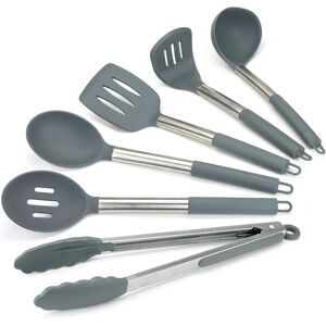 Belfry Kitchen Premium 6Pc Silicone Kitchen Utensil Set For Cooking. Sleek Grey And Brushed Stainless Steel. Includes; Tongs, Serving Spoon, Slotted Spoon & Turner, gray