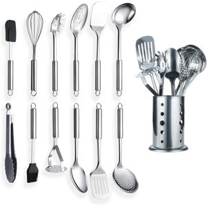 Artechworks Stainless Steel Kitchen Utensil 12 Piece With 1 Stand, Cooking Spoon, Kitchen Tools Cooking Utensil With Holder. (13 Pieces) gray