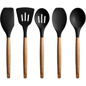 Belfry Kitchen Non-Stick Cooking Utensils, Silicone Kitchen Utensils Set With Natural Acacia Hard Wood Handle, 5 Piece, Black, BPA Free, Baking & Serving Wooden Cook black