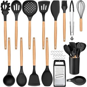 Belfry Kitchen Kitchen Utensils Set, 25 Pieces Soft Silicone Cooking Utensil Set With Holder, Natural Wooden Handle Kitchen Spatula Spoon For Cooking Baking, Non St black