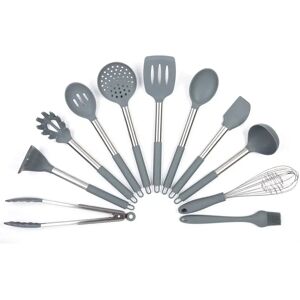 Levi Beer 11 Pc Silicone Kitchen Utensil Set For Cooking And Baking In Sleek Grey And Brushed Stainless Steel. Includes: Tongs, Whisk, Spatula, Ladle, Potato Ma gray