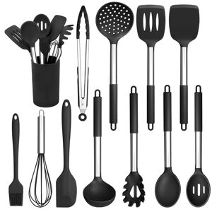 Belfry Kitchen Kitchen Utensils Set, 12 Pieces Silicone Cooking Utensils With Stainless Steel Handle, Heat Resistant Cooking Tools Turner Spoon Spatula Set With Hold black