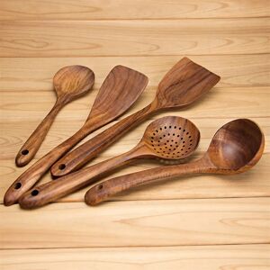 ELEP Wooden Kitchen Utensils Sets, 5 Pieces Japanese Style Cooking Utensils Set Tools brown