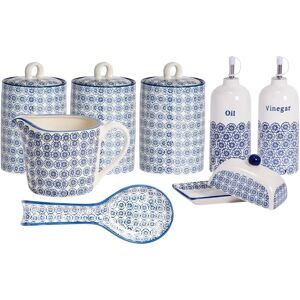 Nicola Spring - Hand-Printed Kitchen Essentials Set - Navy - 8pc blue