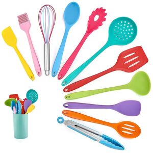 Ebern Designs Kitchen Utensil Set, 12 Piece Cooking Utensils, Silicone Kitchen Utensils Set With Holder, Heat Resistant Kitchen Tools Include Spoons Turner Spatula red/blue/yellow