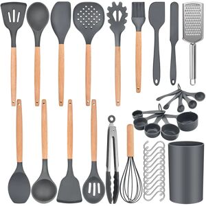 Belfry Kitchen 36Pcs Silicone Kitchen Utensil Set, Wooden Handle Cooking Utensils Spatula Set With Holder, Heat Resistant Kitchen Tools Safe For Non-Stick Cookware, gray