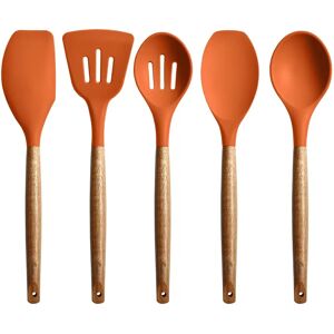 Belfry Kitchen Non-Stick Cooking Utensils, Silicone Kitchen Utensils Set With Natural Acacia Hard Wood Handle, 5 Piece, Black, BPA Free, Baking & Serving Wooden Cook orange