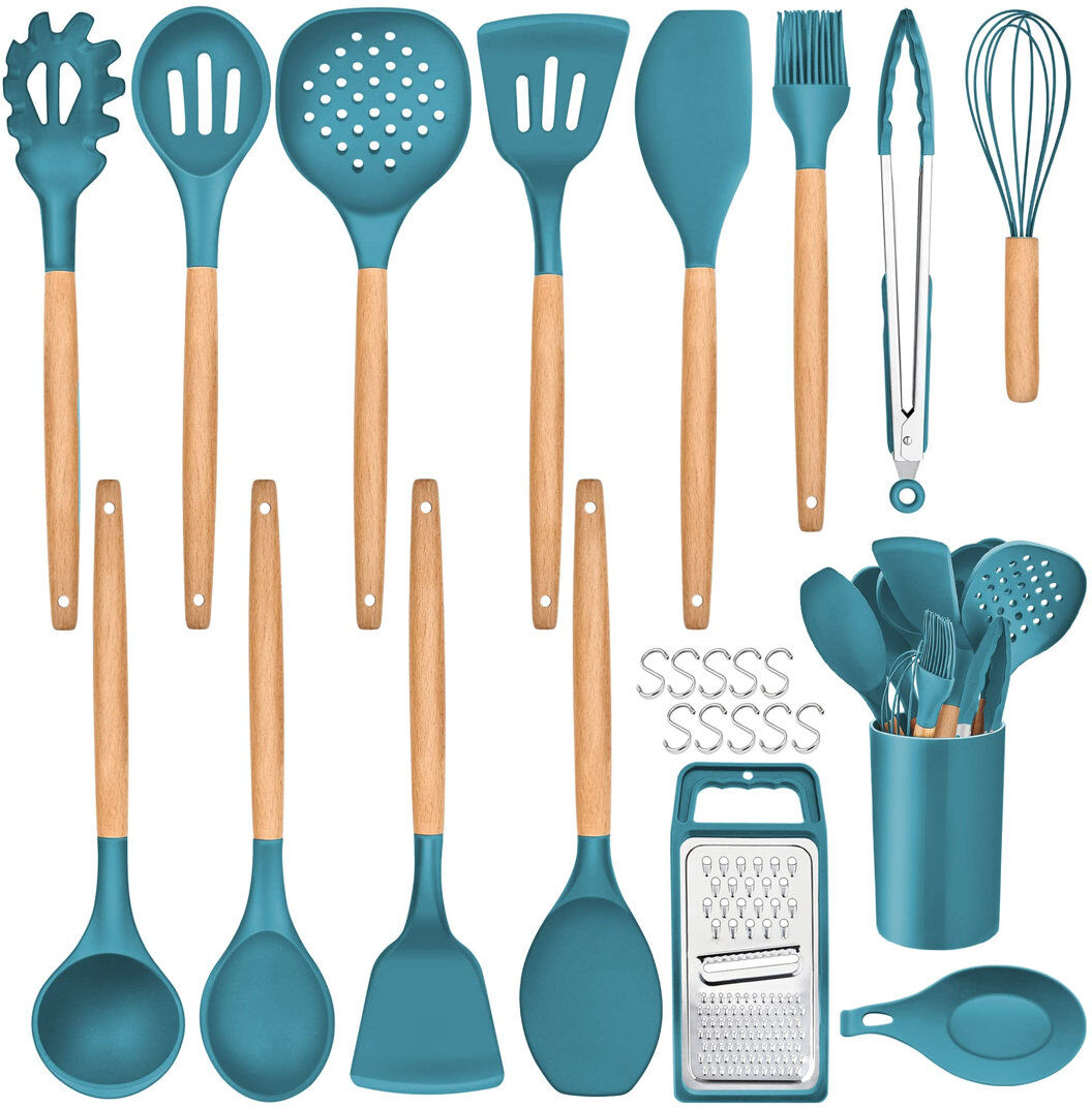 Belfry Kitchen Kitchen Utensils Set, 25 Pieces Soft Silicone Cooking Utensil Set With Holder, Natural Wooden Handle Kitchen Spatula Spoon For Cooking Baking, Non St Blue