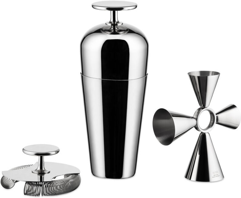 Alessi Set Composed Of: “Parisienne” Cocktail Shaker, Double Bar Strainer, "Quadri Combo Jigger" In 18/10 Stainless Steel. Silver