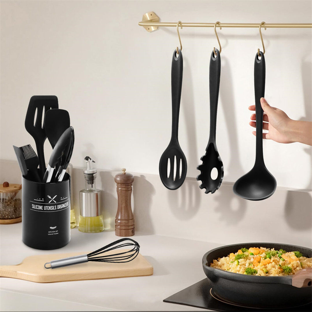 Belfry Kitchen Silicone Kitchen Utensil Set - 12 Piece With Holder, BPA Free, Heat Resistant And Easy Clean, Black Black