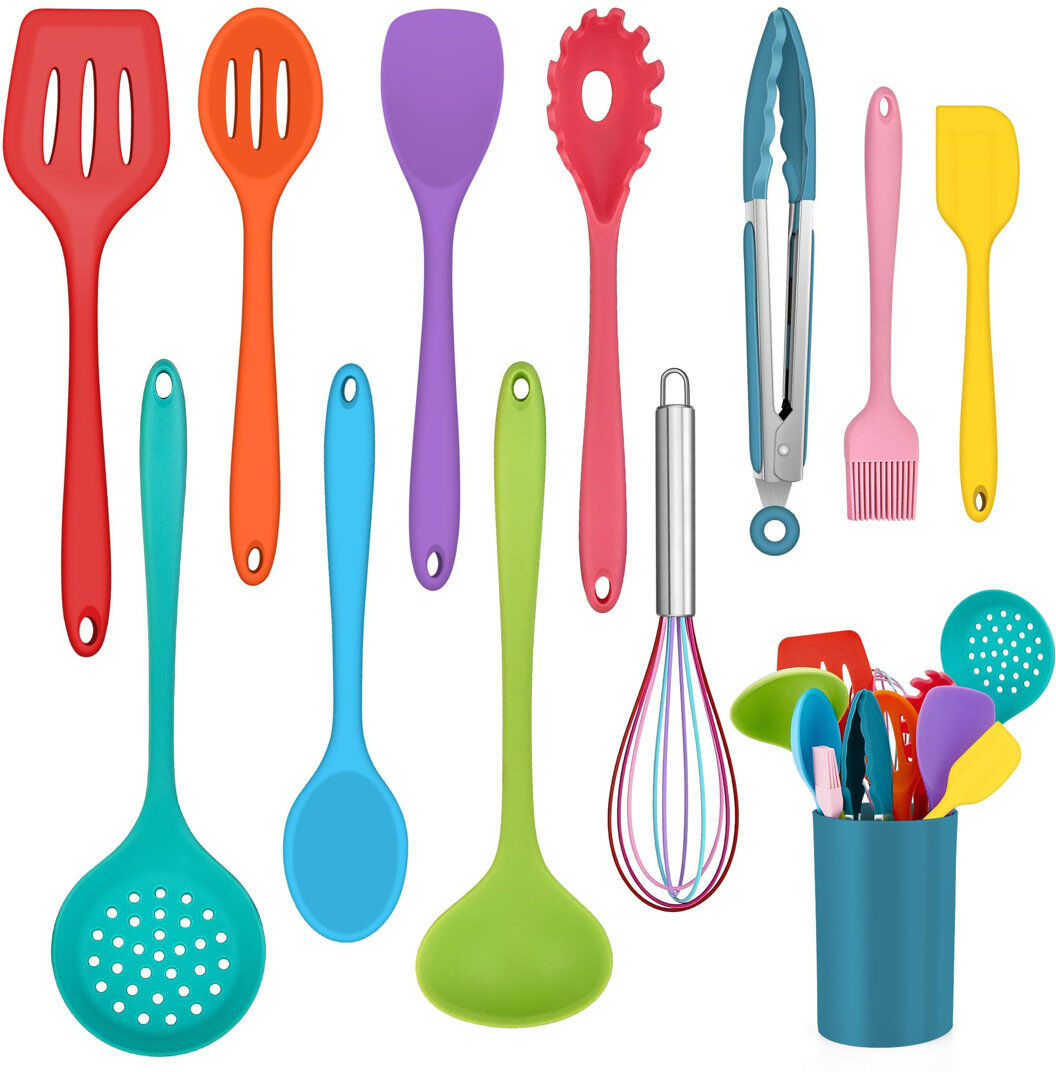 Belfry Kitchen Kitchen Utensil Set, 12 Piece Silicone Cooking Utensils With Holder, Heat Resistant Kitchen Tools Turner Spatula Spoon For Non-Stick Cookware, Easy Cl Blue;Green;Red