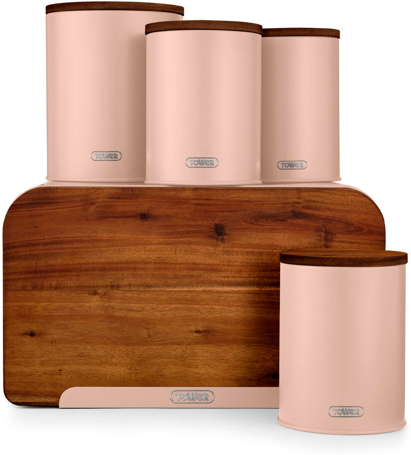 Tower Scandi 5 Piece Bamboo Storage Set With Bread Bin, Biscuit Barrel And Storage Canisters Pink Clay