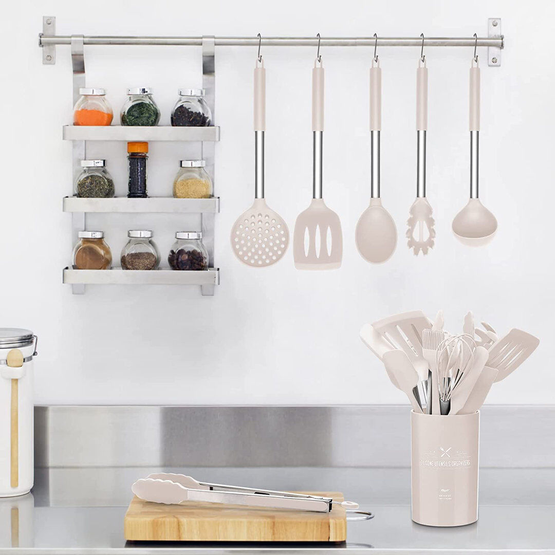Belfry Kitchen Silicone Cooking Utensil Set Premium Kitchen Utensils Spatula Set With Wooden Handle For Cooking And Baking-Heat Resistant & BPA Free-Best Kitchen Gad Khaki