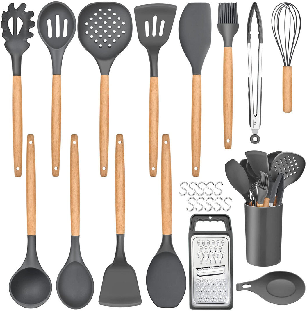 Belfry Kitchen Kitchen Utensils Set, 25 Pieces Soft Silicone Cooking Utensil Set With Holder, Natural Wooden Handle Kitchen Spatula Spoon For Cooking Baking, Non St Grey