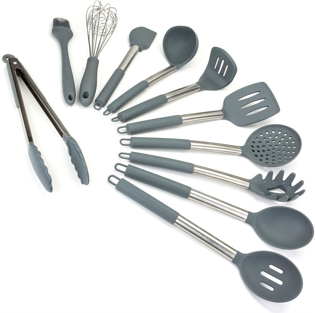 Belfry Kitchen Premium 11Pc Silicone Kitchen Utensil Set For Cooking And Baking In Sleek Grey And Brushed Stainless Steel. Includes; Tongs, Whisk, Spatula, Ladle, Po Grey