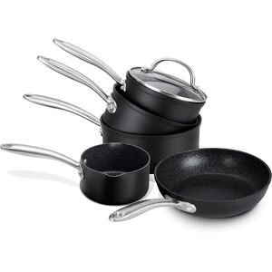 Prestige Saucepan Set Non Stick - 5 Piece induction Hob Pan Set Black with 16cm, 18cm & 20cm Saucepans with Lids, 29cm Non Stick Frying Pan & Milkpan black/brown