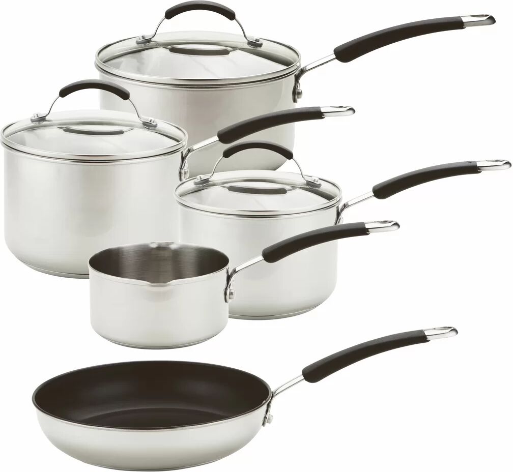 Meyer induction Compatible Non-Stick Dishwasher Safe Stainless Steel - 5 Piece Saucepan and Frying Pan Set - 14cm Milkpan, 16/18/20cm Saucepans and 24 gray