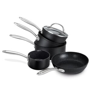 Prestige Saucepan Set Non Stick - 5 Piece induction Hob Pan Set Black with 16cm, 18cm & 20cm Saucepans with Lids, 29cm Non Stick Frying Pan & Milkpan black/brown