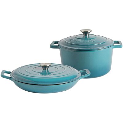 Argon Tableware 2pc Cast Iron Casserole Dish Set Teal 4.5 L Argon Tableware 2pc Cast Iron Casserole Dish Set Teal 4.5 L