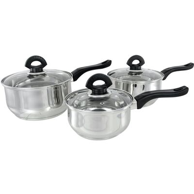 Buckingham Stainless Steel 3 Piece Saucepan Set Bakelite handle with Glass Lids Silver 3 Buckingham Stainless Steel 3 Piece Saucepan Set Bakelite handle with Glass Lids Silver 3
