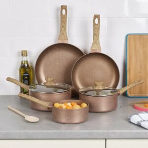 Belfry Kitchen Rose Gold Pots & Pans With Wood Look Handles[24Cm Frying Pan + 28Cm Frry Pan + 18Cm Sauce + 20Cm Sauce + Milkpan [848357]] brown/gray