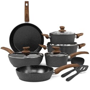 Belfry Kitchen Induction Hob Pots And Pans Set - 12 Piece Cooking Pans Set, Black Granite Kitchen Cookware Set,Nonstick Saucepan Set PFOS & PFOA Free 28.0 W cm