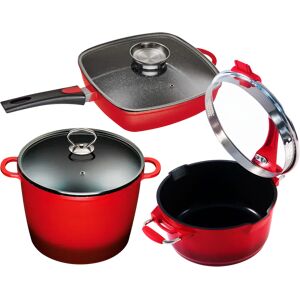 6 pieces Cast aluminum kitchen set with non-stick ceramic coating 7.0L XXL cooking pot/24cm and 2.5L multifunction pot/20cm and 4L rectangular pan 28X red