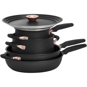 Meyer Accent induction Hob Pan Set Non Stick - 5 Piece Stackable Pots and Pans Set with Universal Lids & Anti Spill Shape, Black, Stainless Steel & No black/brown/gray