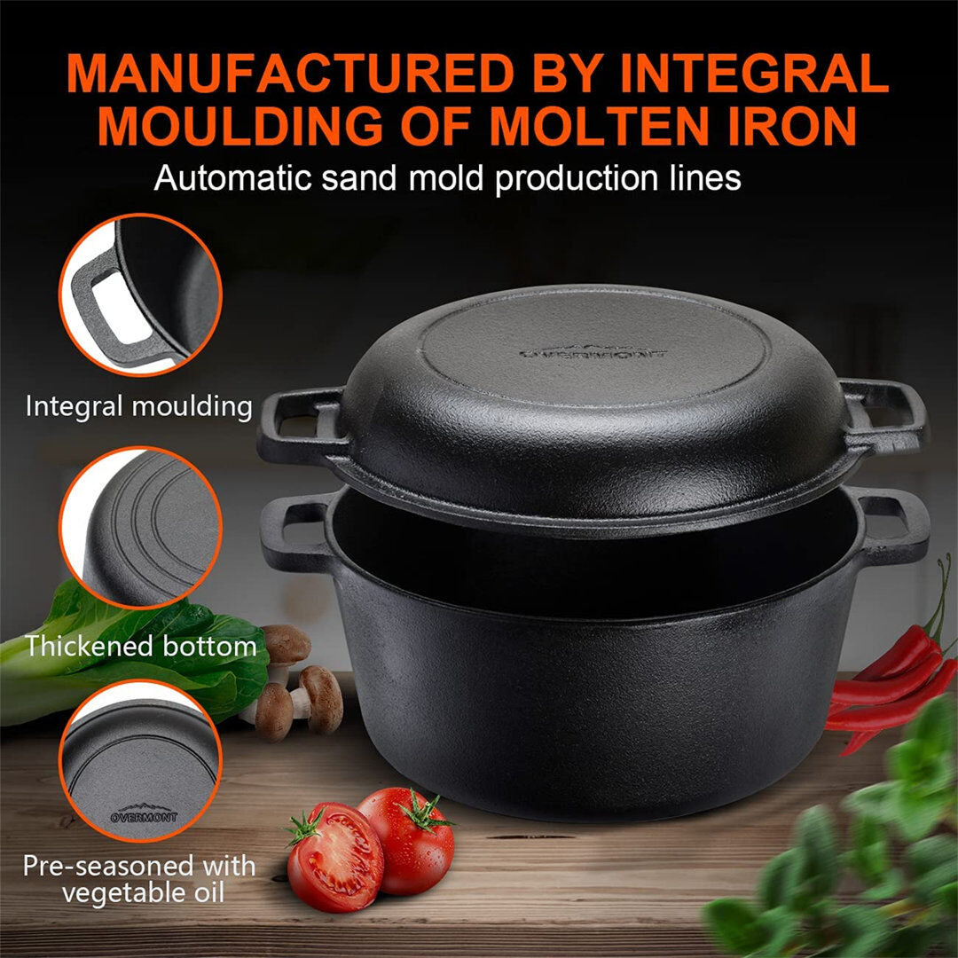 Belfry Kitchen 2 In 1 Cast Iron Dutch Oven With Cookbook Recipe 5 QT Dutch Oven Pot + 1.6 QT Dual Function Skillet Lid Pre Seasoned With Handle Covers For Camping Ho Black 4.73L