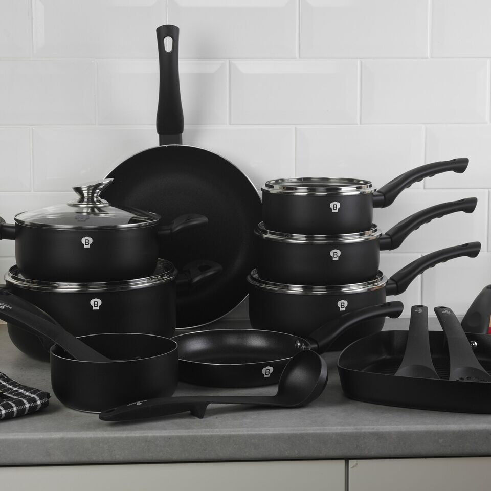 Blaumann 20 Pcs Blauman Cookware Set Pots Grill Pan Soft Touch Handles & Kitchen Tool Set Matt Black 20