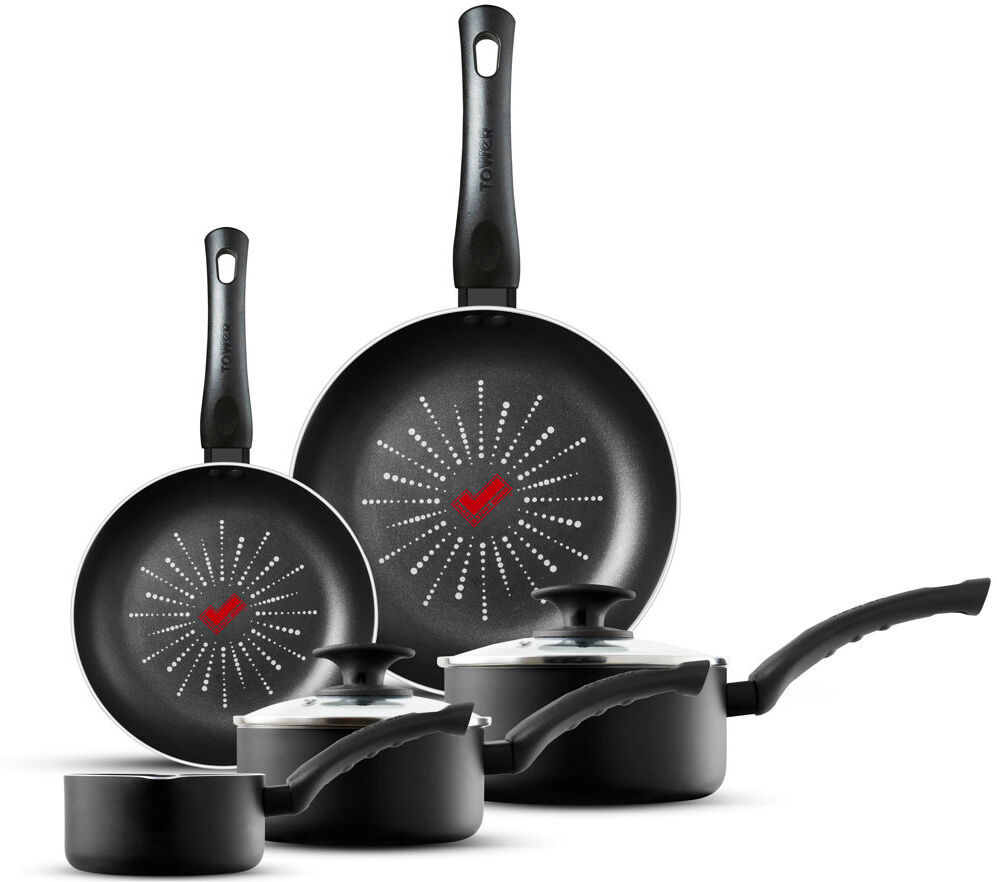 Tower T700304 SmartStart Classic 5 Piece Cookware Set with 14cm Milk Pan, 16cm & 18cm Saucepans with Tempered Glass Lids, 20cm & 24cm Frying Pans, Bla Black 5