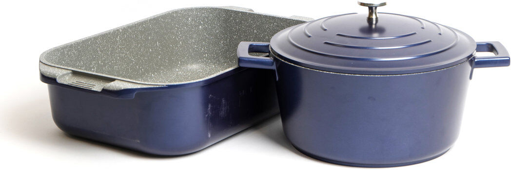 MasterClass 2pc Blue Cast Aluminium Cookware Set with 4L Casserole Dish, 34cm Roasting Pan Blue 4L