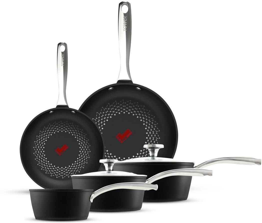 Tower T900304 SmartStart Ultra Forged 5 Piece Cookware Set with 18cm Milk Pan, 20cm & 22cm Saucepans with Tempered Glass Lids, 20cm & 24cm Frying Pans Black 5
