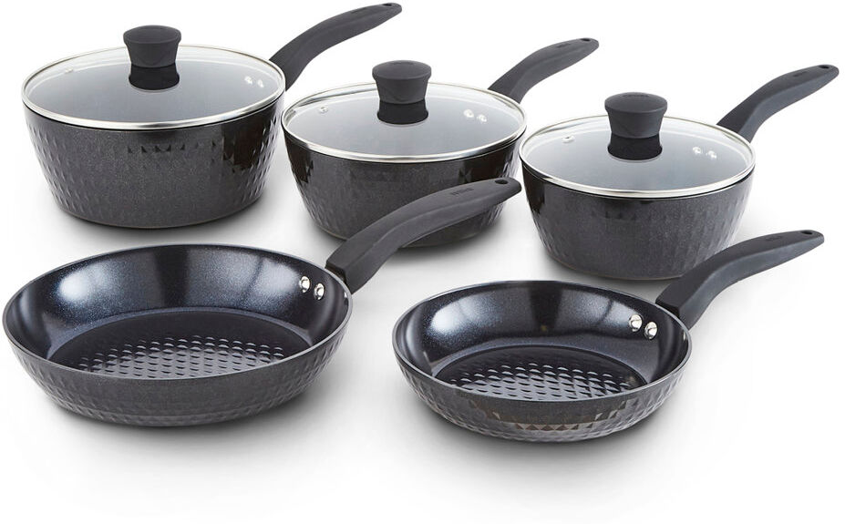 Tower T900130 Diamo 5 Piece Cookware Set, 18cm/20cm/22cm Saucepans with Tempered Glass Lids, 20cm/24cm Frying Pans, Black Diamond Non-Stick Ceramic Co Black 5
