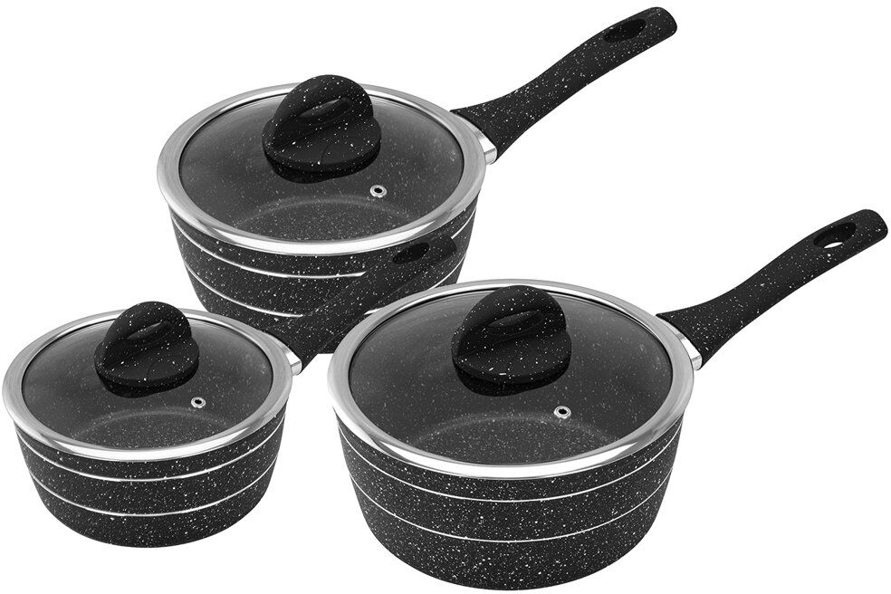Royalford Saucepan Set 3 PC, Induction Safe Cookware - Non-Stick Granite Coating Black