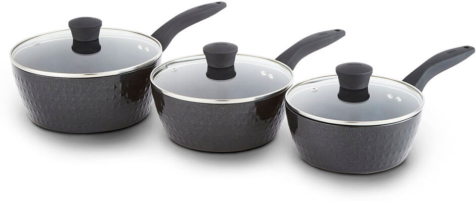 Tower T900131 TowerDiamo 3 Piece Cookware Set, 18cm/20cm/22cm Saucepans with Tempered Glass Lids, Black Diamond Non-Stick Ceramic Coating, Black 3