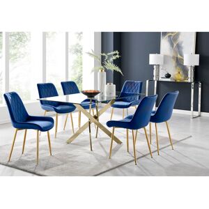 Canora Grey Lenworth Glass Rectangular Dining Table Set with 6 Luxury Velvet Chairs Navy/Gold/Gold 6 Canora Grey Lenworth Glass Rectangular Dining Table Set with 6 Luxury Velvet Chairs Navy/Gold/Gold 6