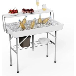 Highland Dunes Ice Cooler Folding Tables with Drain, Two-Tier Ice Bin Table with Matching Skirt for Food Drinks Beverages, Portable Chilling Table Cooler Server for Silver 100cm H X 102.8cm L X 55.9cm D Highland Dunes Ice Cooler Folding Tables with Drain, Two-Tier Ice Bin Table with Matching Skirt for Food Drinks Beverages, Portable Chilling Table Cooler Server for Silver 100cm H X 102.8cm L X 55.9cm D