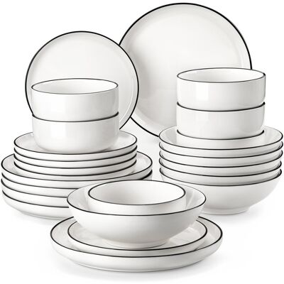 MALACASA 24-Piece Porcelain China Dinnerware Set, Service For 6 Black/White/Ivory 24 MALACASA 24-Piece Porcelain China Dinnerware Set, Service For 6 Black/White/Ivory 24