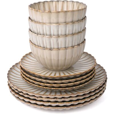 Waterside 12pc Reactive Glaze Petal Stoneware Dinner Set Brown;Beige Waterside 12pc Reactive Glaze Petal Stoneware Dinner Set Brown;Beige