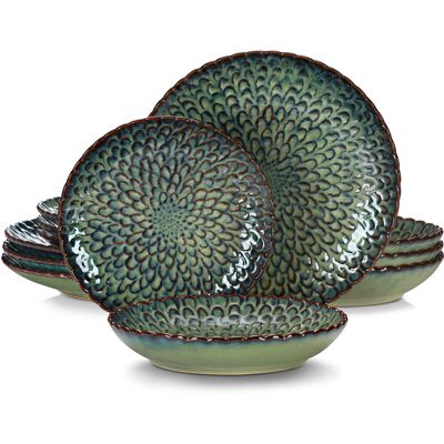 Vancasso Chrys Stoneware Dinner Service Set For 4 People, 12-piece Crockery Set With Flat Plate, Soup Plate And Cake Plate Green 12 Vancasso Chrys Stoneware Dinner Service Set For 4 People, 12-piece Crockery Set With Flat Plate, Soup Plate And Cake Plate Green 12
