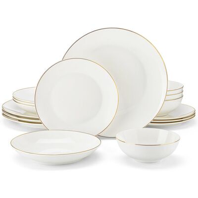 MALACASA 16-piece White Bone Porcelain Dinnerware Set With Gold Trim, Service For 4 Gold;Creamy White 16 MALACASA 16-piece White Bone Porcelain Dinnerware Set With Gold Trim, Service For 4 Gold;Creamy White 16