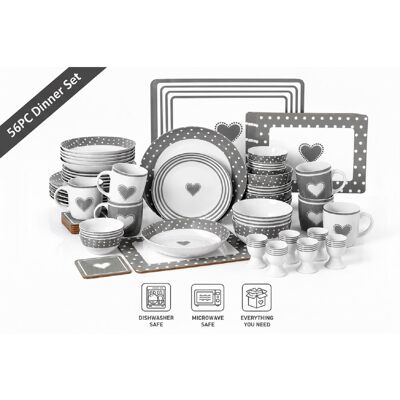 Waterside 56pc Grey Heart Porcelain Combo Dinner Set White;Grey 56 Waterside 56pc Grey Heart Porcelain Combo Dinner Set White;Grey 56