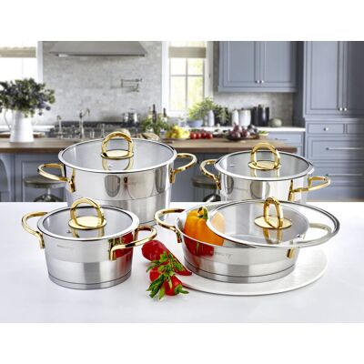 Canora Grey Oshiro 8 - Piece Stainless Steel Cookware Set Silver;Gold 8 Canora Grey Oshiro 8 - Piece Stainless Steel Cookware Set Silver;Gold 8