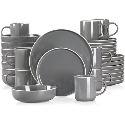 Vancasso 32 Pieces Stoneware Dinnerware Set, Sesame Glaze Ceramic Combination Set, Service For 8 Dark Grey Vancasso 32 Pieces Stoneware Dinnerware Set, Sesame Glaze Ceramic Combination Set, Service For 8 Dark Grey