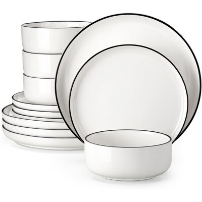 MALACASA 12 Piece Stoneware Dinnerware Set - Service for 4 Black/White/Ivory 12 MALACASA 12 Piece Stoneware Dinnerware Set - Service for 4 Black/White/Ivory 12